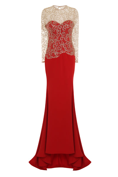 Vanity Sparkle Red Slinky Fishtail Maxi Dress