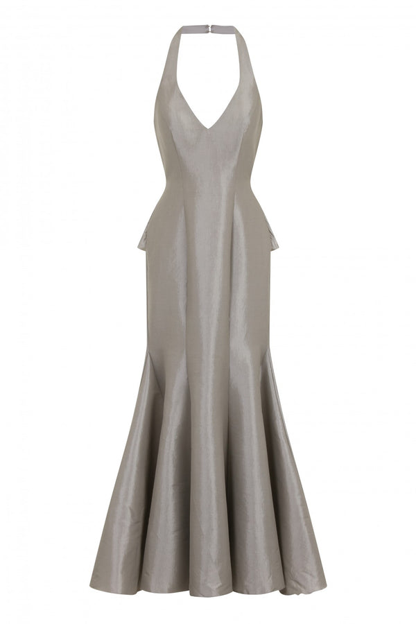 Scarlett Silver Taffeta Ruffle Backless Trumpet Maxi Dress