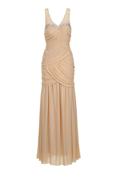 Mercedes Nude Jewel Drape Maxi Dress