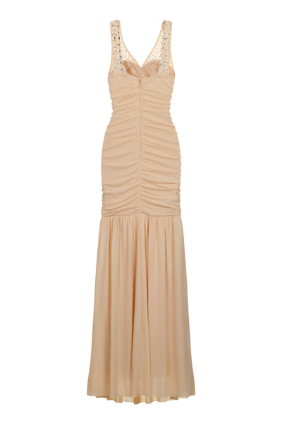 Mercedes Nude Jewel Drape Maxi Dress