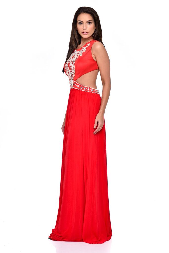 Laila Red Cut-Out Waist Pearl Encrusted Grecian Goddess Maxi Dress