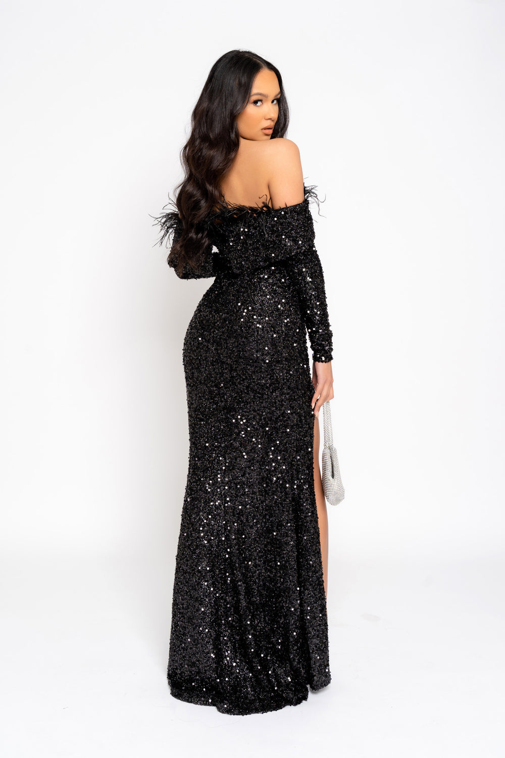 Eternity Black VIP Luxe Feather Off The Shoulder Sequin Long Sleeve Split Maxi Dress