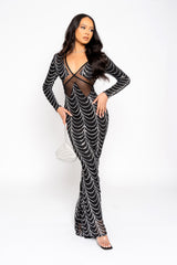 Darkest Secret Black Silver Luxe VIP Embellished Illusion Sheer Mesh Long Sleeve Mermaid Maxi Dress