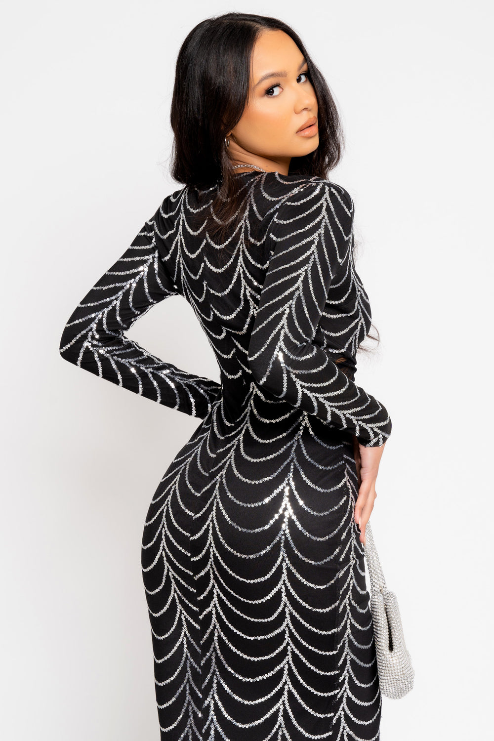 Darkest Secret Black Silver Luxe VIP Embellished Illusion Sheer Mesh Long Sleeve Mermaid Maxi Dress