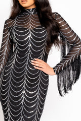Hypnotic Black Silver Luxe VIP Tassel Fringe Sequin Embellished Illusion Long Sleeve Maxi Dress