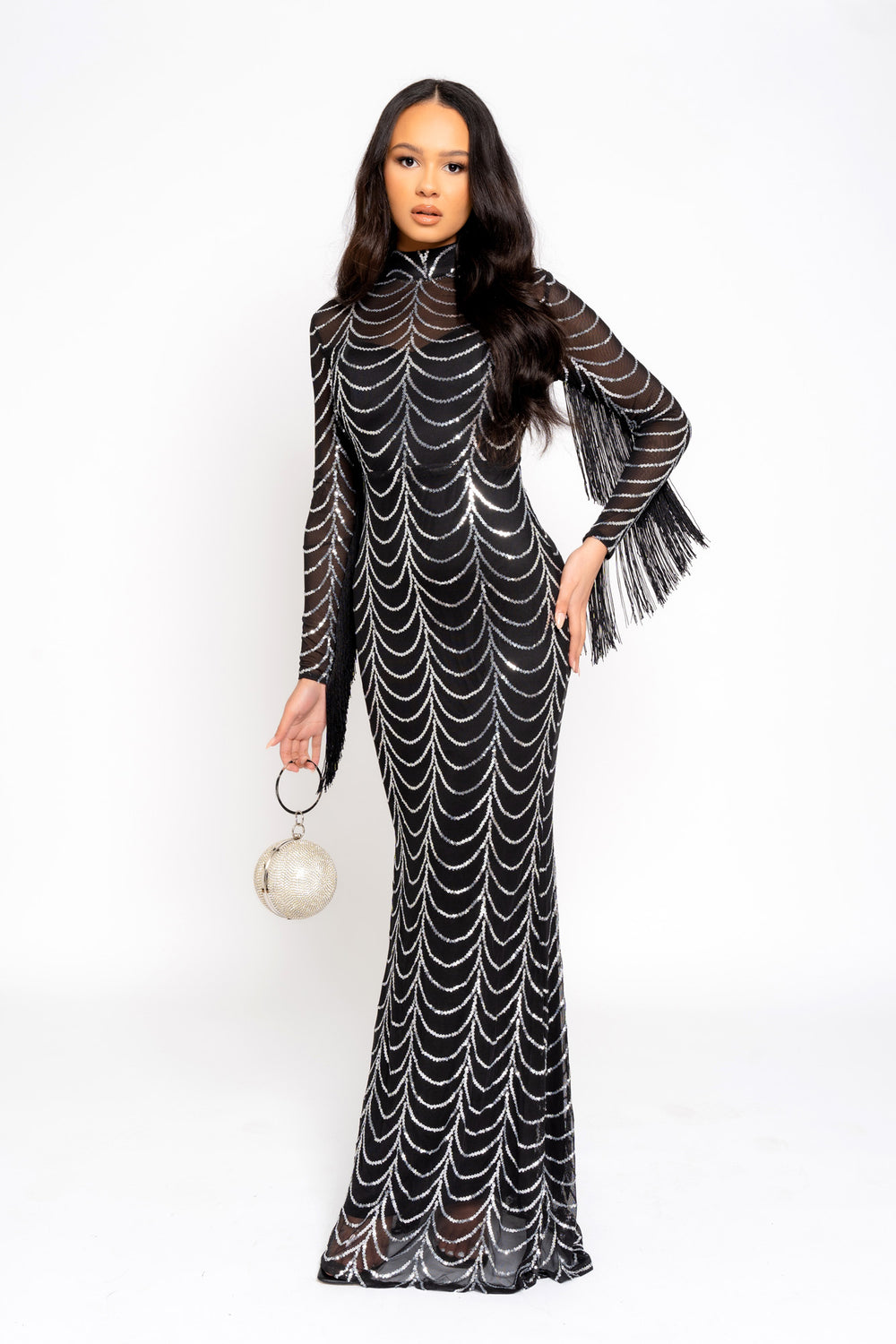 Hypnotic Black Silver Luxe VIP Tassel Fringe Sequin Embellished Illusion Long Sleeve Maxi Dress