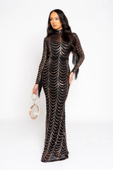 Hypnotic Black Rose Gold Luxe VIP Tassel Fringe Sequin Embellished Illusion Long Sleeve Maxi Dress