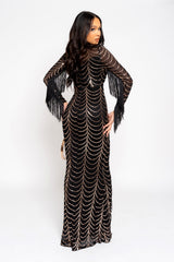 Hypnotic Black Rose Gold Luxe VIP Tassel Fringe Sequin Embellished Illusion Long Sleeve Maxi Dress