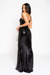 Phantasy Black Luxe Sequin Sheer Mesh Cut Out One Shoulder Maxi Dress