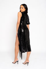 Soulmate Vip Black Luxe Tassel Fringe Sequin Mesh Embellished Midi Slit Dress