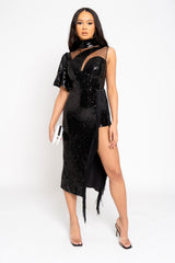 Soulmate Vip Black Luxe Tassel Fringe Sequin Mesh Embellished Midi Slit Dress