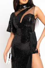 Soulmate Vip Black Luxe Tassel Fringe Sequin Mesh Embellished Midi Slit Dress