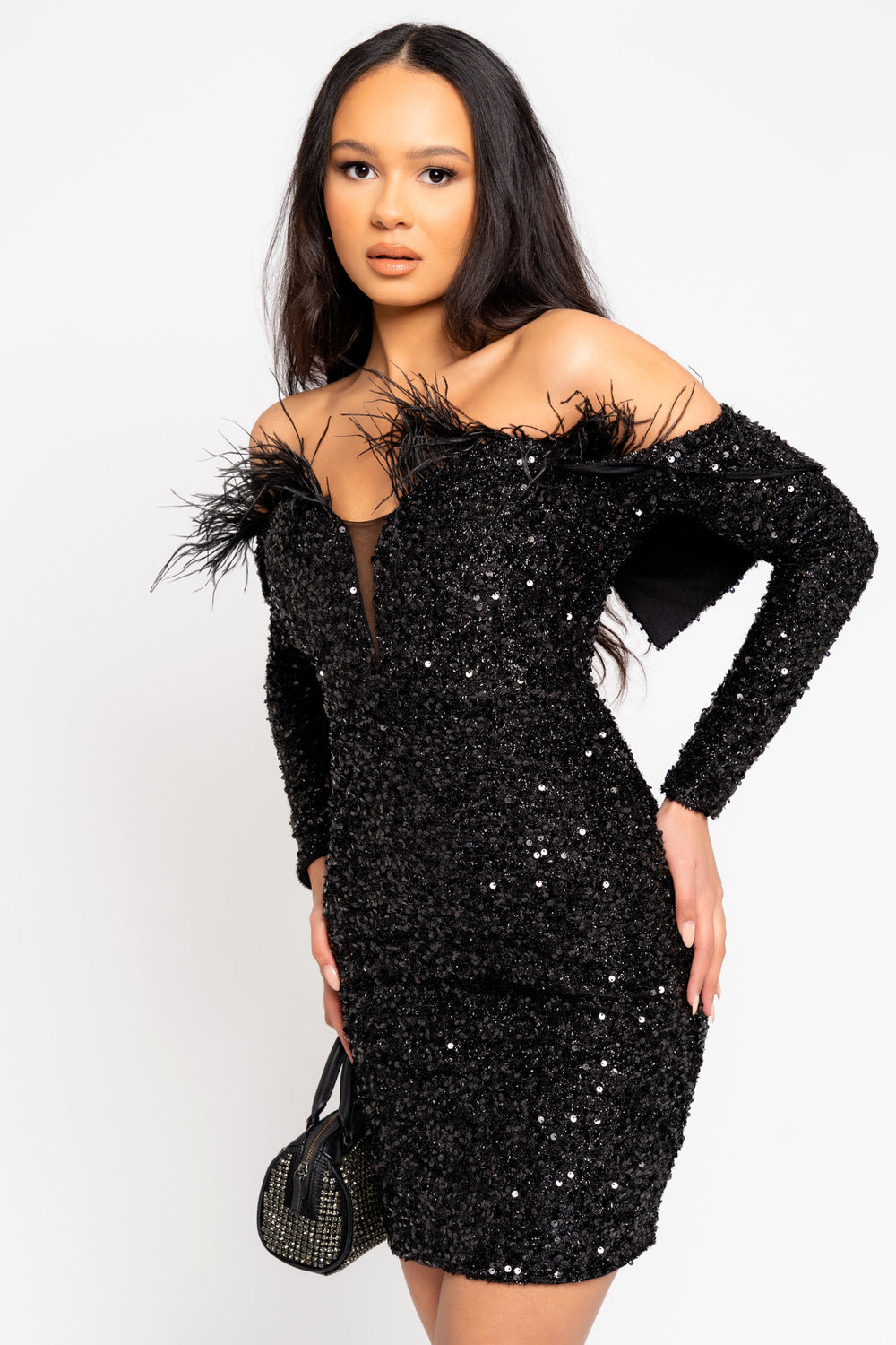 Guest List Black VIP Luxe Feather Off The Shoulder Sequin Long Sleeve Dress