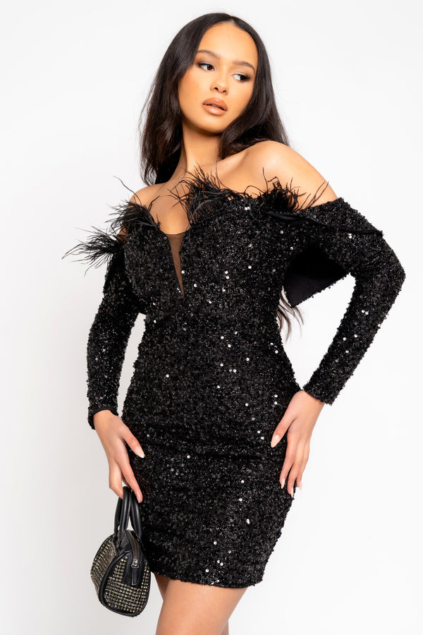 Guest List Black VIP Luxe Feather Off The Shoulder Sequin Long Sleeve Dress