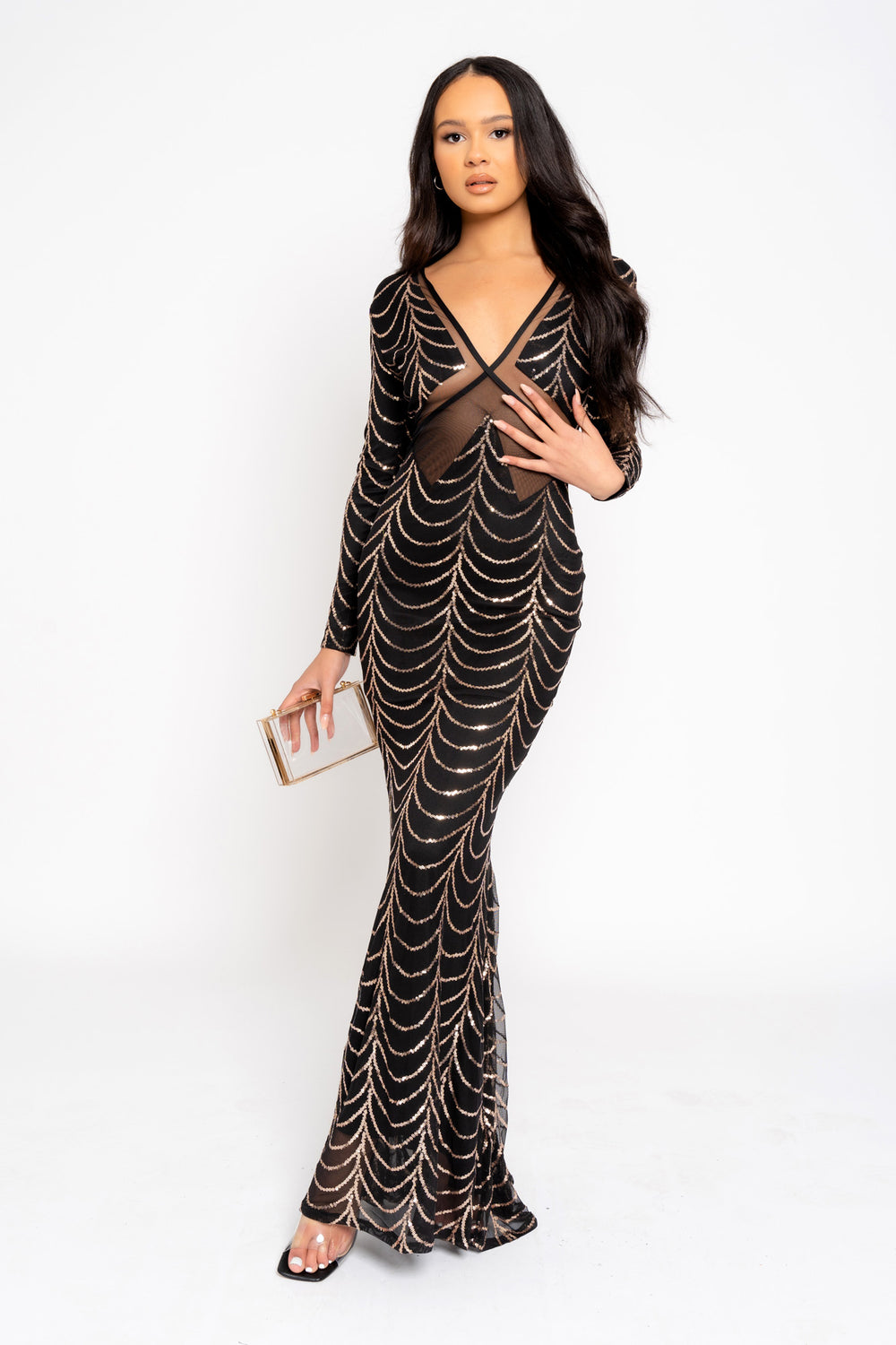 Darkest Secret Black Rose Gold Luxe VIP Embellished Illusion Sheer Mesh Long Sleeve Mermaid Maxi Dress