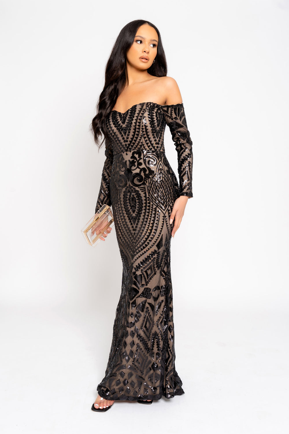 Ophelia Black Luxe Embellished Sequin Sweetheart Off Shoulder Long Sleeve Maxi Fishtail Dress