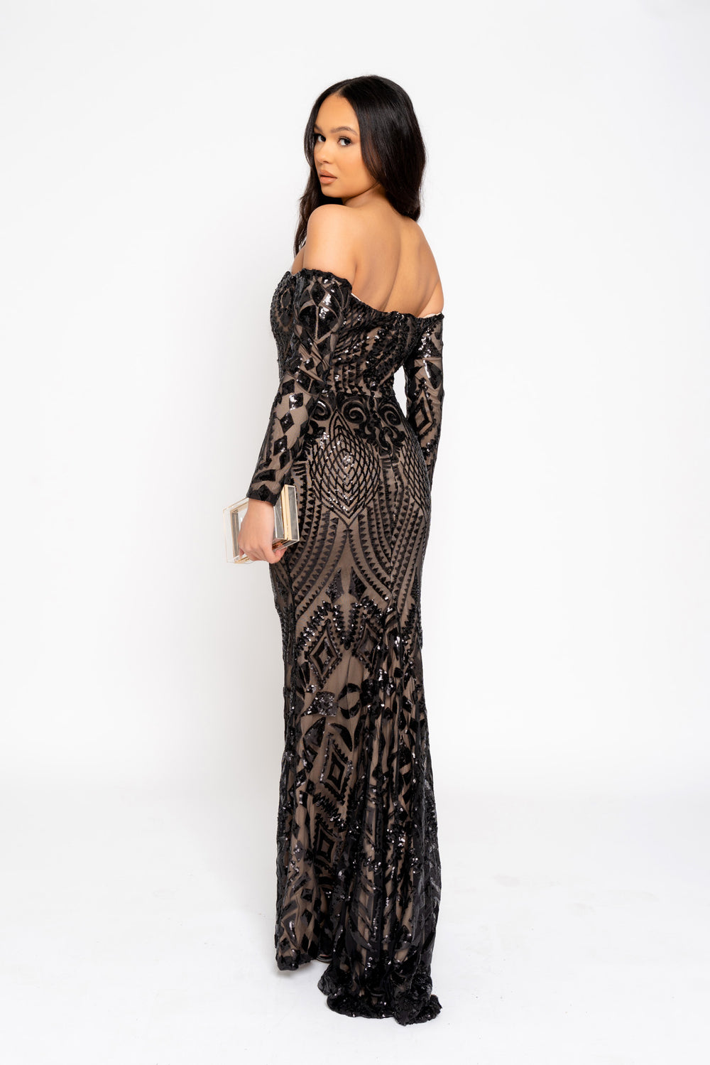 Ophelia Black Luxe Embellished Sequin Sweetheart Off Shoulder Long Sleeve Maxi Fishtail Dress