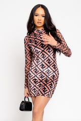 Truth Hurts Brown Crush Velvet Printed Mock Neck Long Sleeve Backless Bodycon Dress