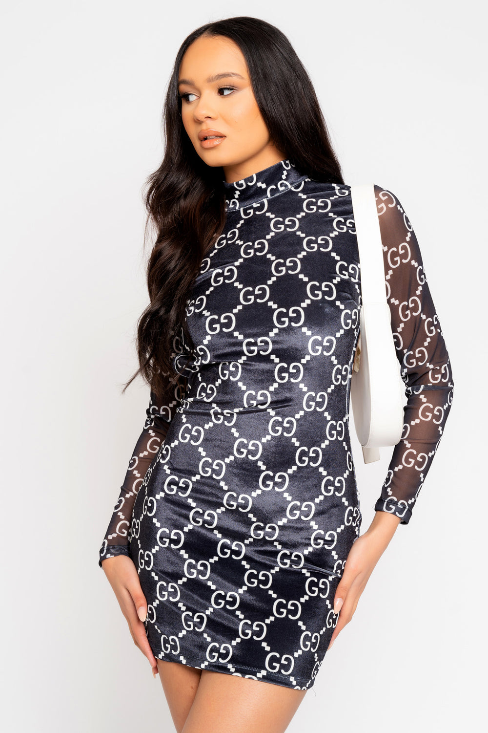 Lush Affair Black Crush Velvet Printed Mock Neck Long Sleeve Backless Bodycon Dress