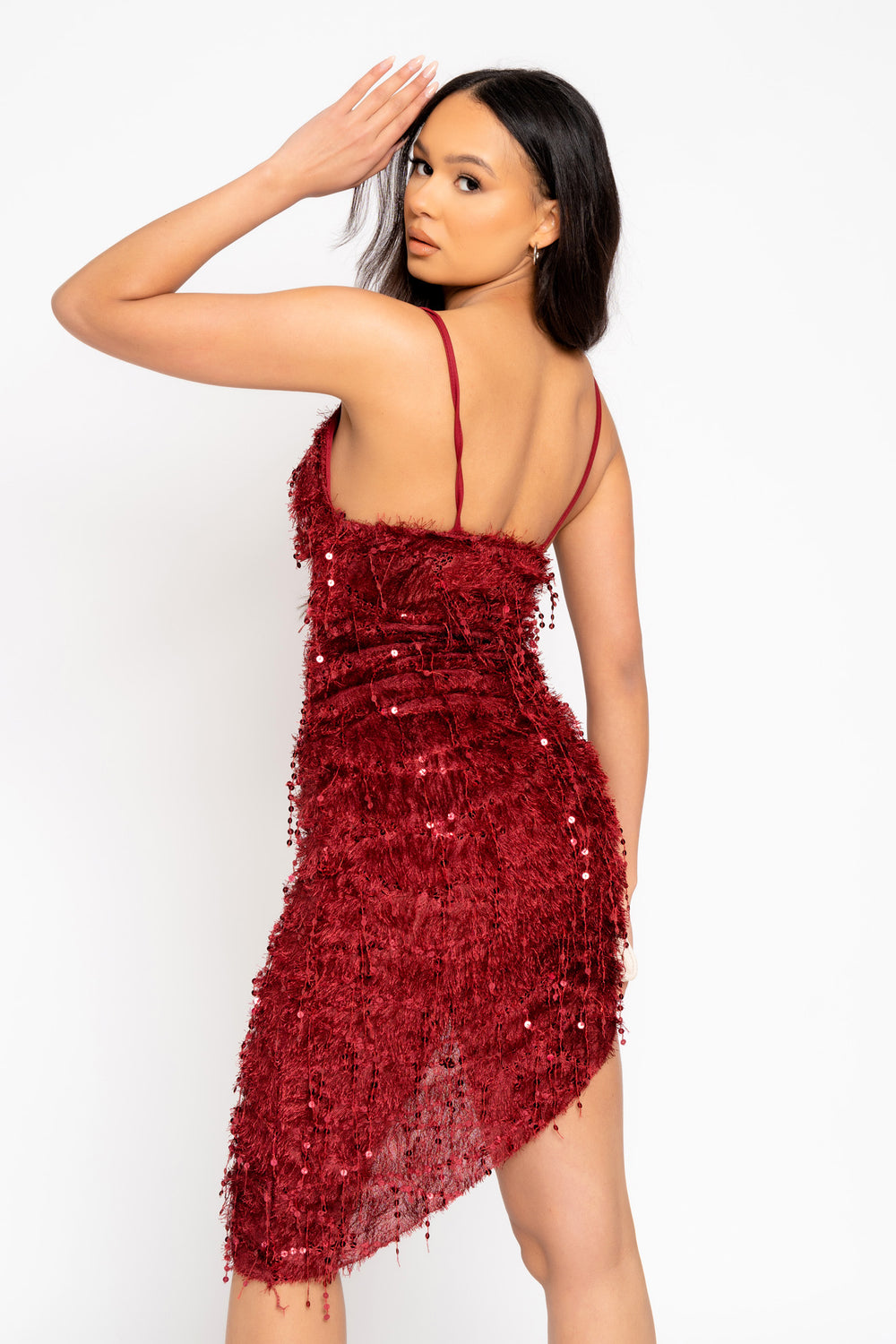 Feeling Flirty Berry Red Sequin Fluffy Tassel Fringe Asymmetric Strappy Dress
