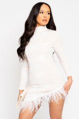 After Party White VIP Luxe Feather Embellished Illusion Sequin Long Sleeve Dress