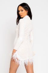 After Party White VIP Luxe Feather Embellished Illusion Sequin Long Sleeve Dress