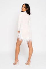 After Party White VIP Luxe Feather Embellished Illusion Sequin Long Sleeve Dress