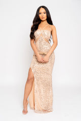 My Moment Rose Gold Luxe Sequin & Beaded Embellished Sheer Mesh Waist Slit Maxi Dress