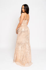My Moment Rose Gold Luxe Sequin & Beaded Embellished Sheer Mesh Waist Slit Maxi Dress