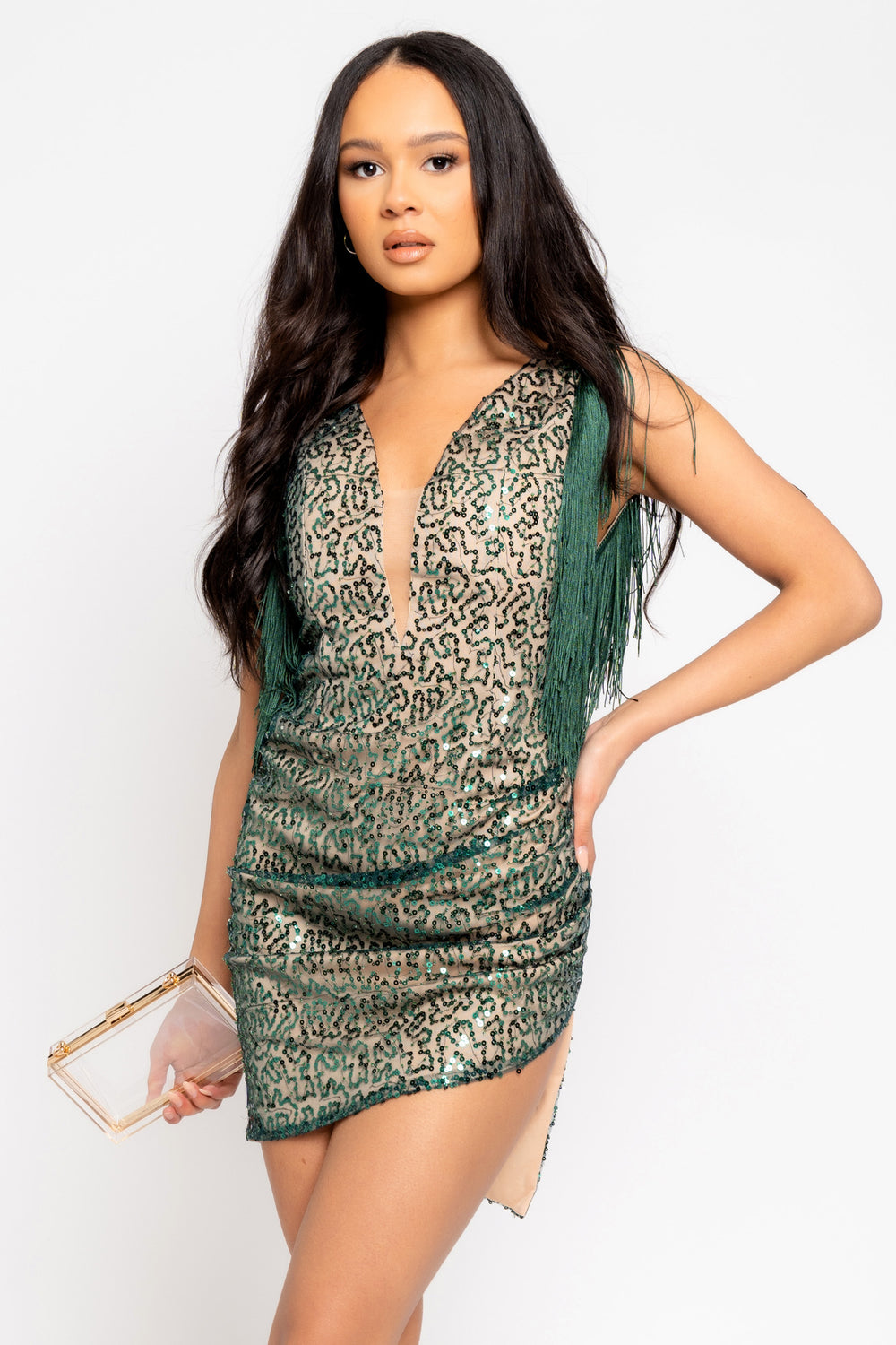 Next Level Green Luxe Vip Tassel Fringe Sequin & Beaded Embellished Illusion Slit Dress