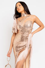 Soulmate Vip Rose Gold Luxe Tassel Fringe Sequin Mesh Embellished Midi Slit Dress