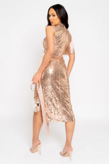 Soulmate Vip Rose Gold Luxe Tassel Fringe Sequin Mesh Embellished Midi Slit Dress