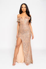 Eclipse Rose Gold Luxe Ruffle Plunge Shimmering Sequin Embellished Off The Shoulder Bardot Maxi Slit Dress