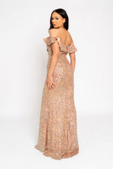 Eclipse Rose Gold Luxe Ruffle Plunge Shimmering Sequin Embellished Off The Shoulder Bardot Maxi Slit Dress