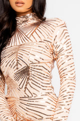 After Party Rose Gold VIP Luxe Feather Embellished Illusion Sequin Long Sleeve Dress