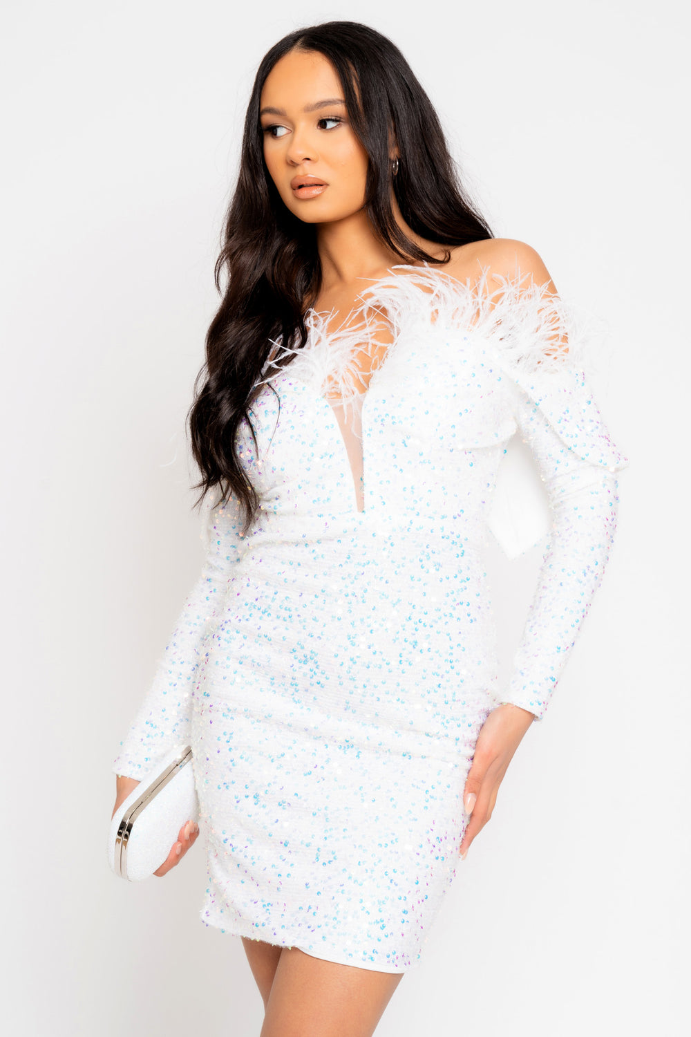 Guest White VIP Luxe Feather Off The Shoulder Sequin Long Sleeve Dress