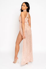 One Night Only Rose Gold Sequin Embellished Bodysuit Slit Evening Gown Party Dress