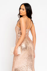 Phantasy Rose Gold Luxe Sequin Sheer Mesh Cut Out One Shoulder Maxi Dress