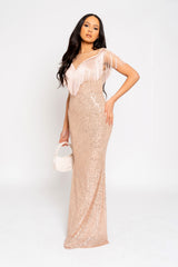 Kendal Rose Gold Luxe Vip Plunge Tassel Fringe Sequin Embellished Illusion Maxi Dress