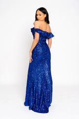 Eclipse Royal Blue Luxe Ruffle Plunge Shimmering Sequin Embellished Off The Shoulder Bardot Maxi Slit Dress