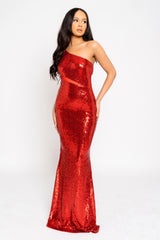 Phantasy Red Luxe Sequin Sheer Mesh Cut Out One Shoulder Maxi Dress