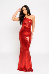 Phantasy Red Luxe Sequin Sheer Mesh Cut Out One Shoulder Maxi Dress