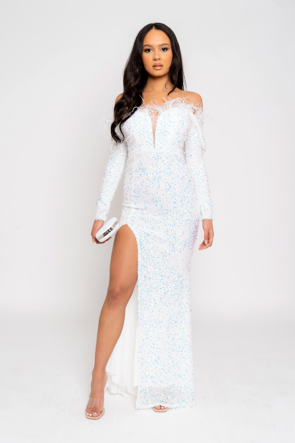 Eternity White VIP Luxe Feather Off The Shoulder Sequin Long Sleeve Split Maxi Dress