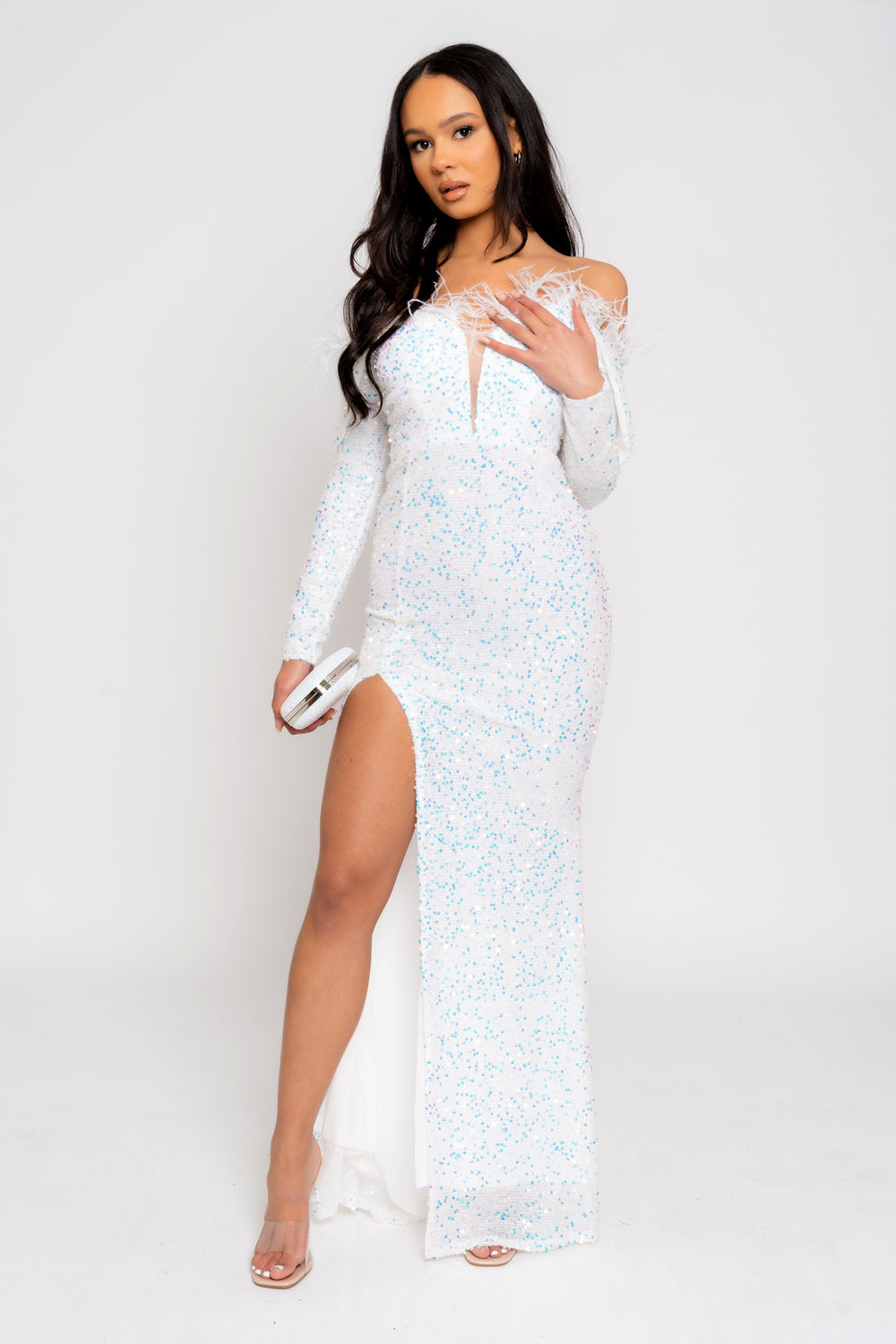 Eternity White VIP Luxe Feather Off The Shoulder Sequin Long Sleeve Split Maxi Dress