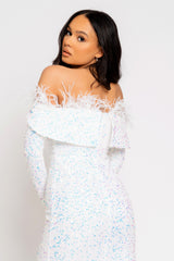 Eternity White VIP Luxe Feather Off The Shoulder Sequin Long Sleeve Split Maxi Dress