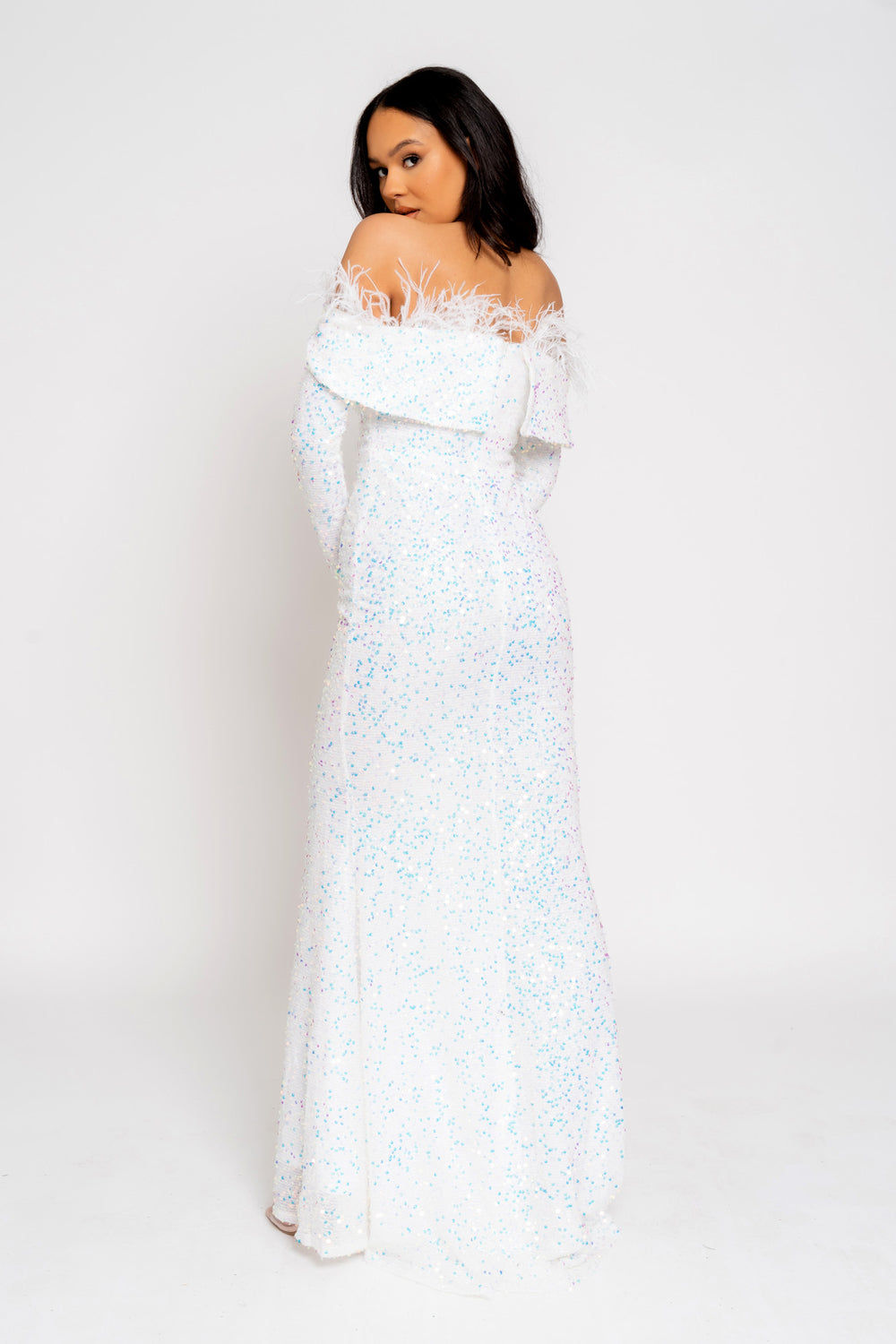 Eternity White VIP Luxe Feather Off The Shoulder Sequin Long Sleeve Split Maxi Dress