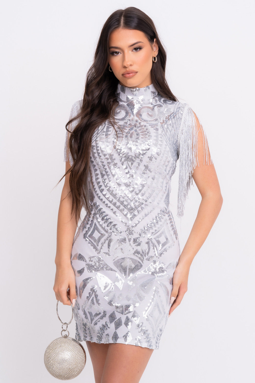 Kylie Vip Silver Luxe Tassel Fringe Sequin Embellished Illusion Dress