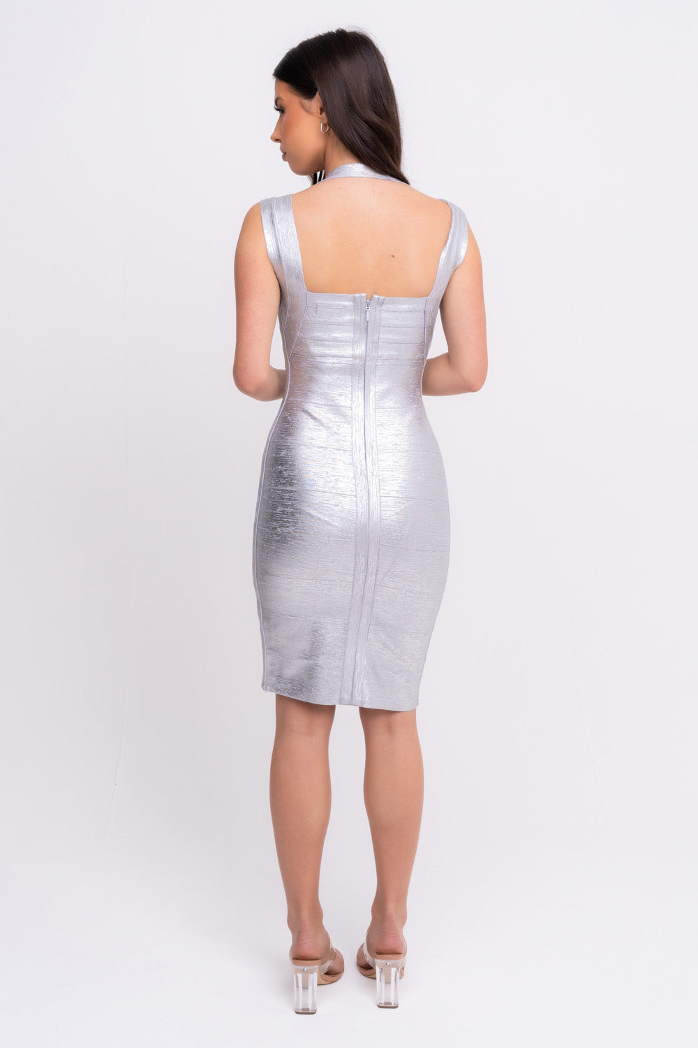 Dominica VIP Luxe Silver Metallic Bandage Panel Bodycon Dress