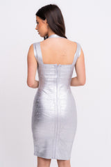 Dominica VIP Luxe Silver Metallic Bandage Panel Bodycon Dress