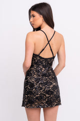 Invite Only Black Nude Plunge Lace Floral Sequin Double Thigh Slit Mini Dress